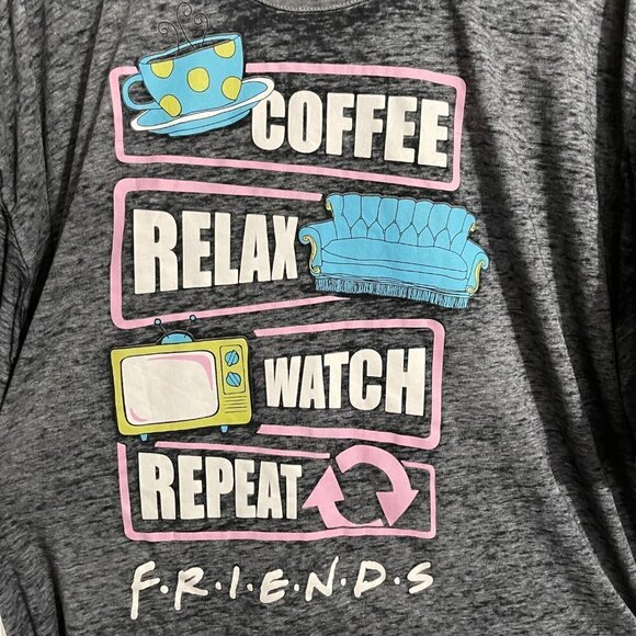 Friends Womens Gray Burnout Coffee Relax Watch Repeat Graphic T-Shirt 3X - Picture 3 of 6